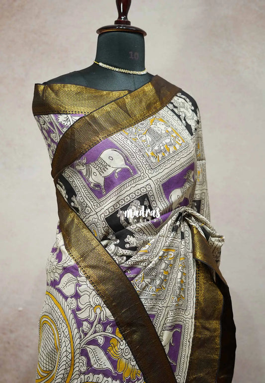 Purple checks - Kalamkari Chennuri Silk Saree with Nizam Zari Border traditional gods prints