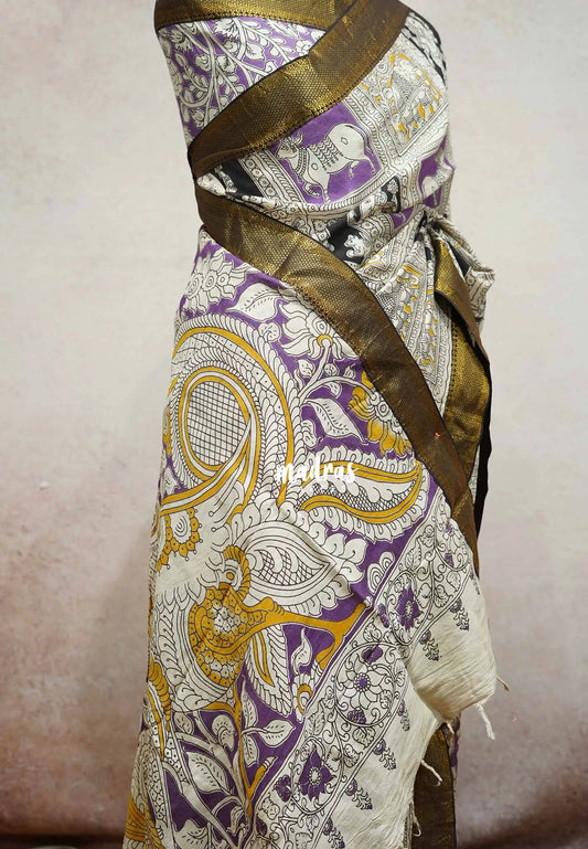 Purple checks - Kalamkari Chennuri Silk Saree with Nizam Zari Border traditional gods prints