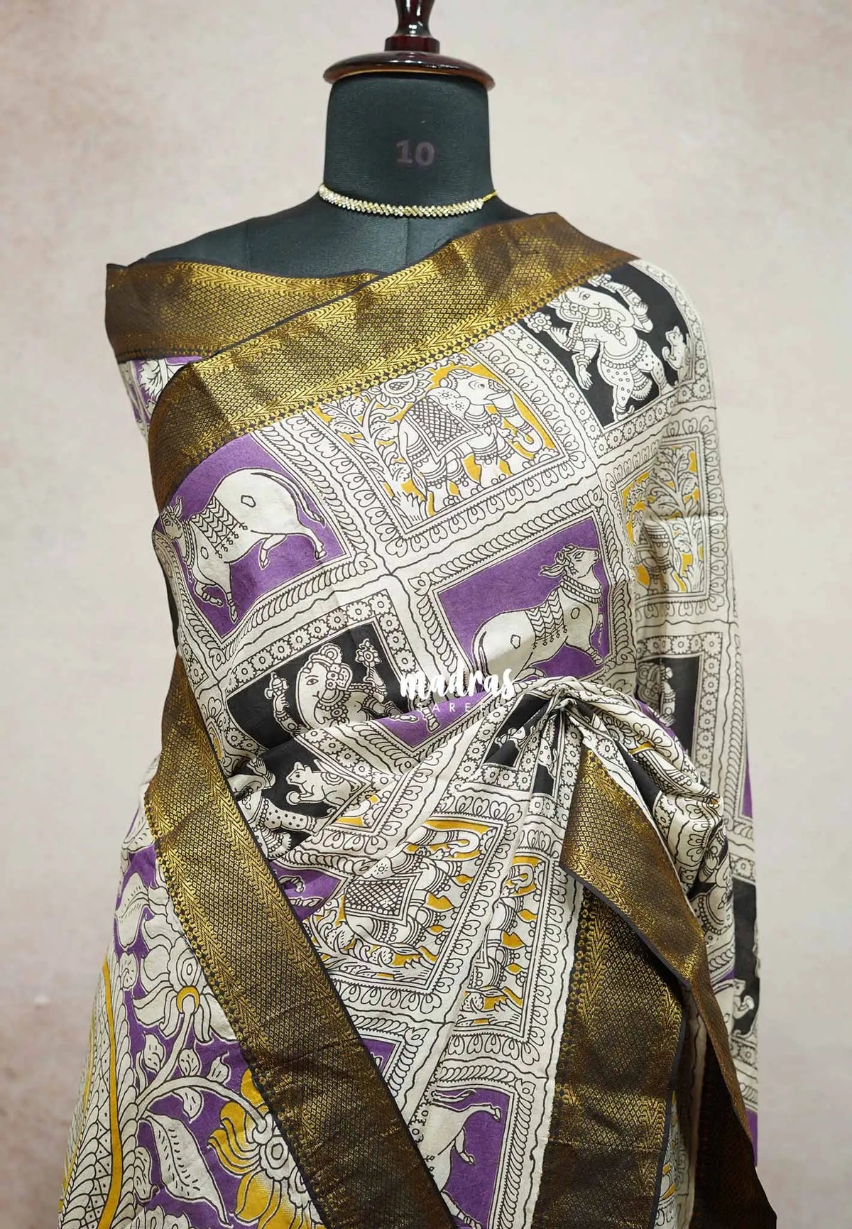 Purple checks - Kalamkari Chennuri Silk Saree with Nizam Zari Border traditional gods prints
