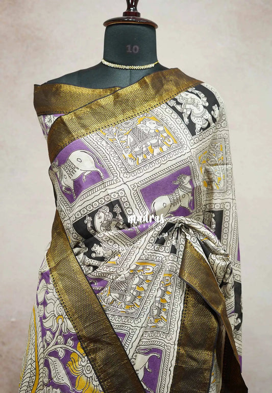 Purple checks - Kalamkari Chennuri Silk Saree with Nizam Zari Border traditional gods prints