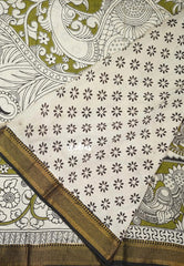 Ivory Beige with Olive Green - Handmade Kalamkari Silk Saree Kolam and Yaanai with Nizam Zari Border - Best for Small Function | Office Wear