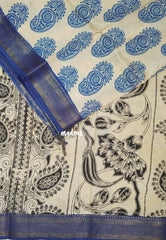 Ivory Beige with Blue - Handmade Kalamkari Silk Saree with Big buttas Nizam Zari Border - Best for Small Function | Office Wear