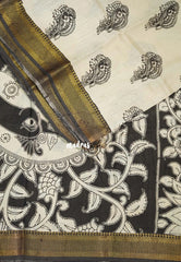 Ivory Beige with Black - Handmade Kalamkari Silk Saree with Nizam Zari Border Floral Prints - Best for Small Function | Office Wear