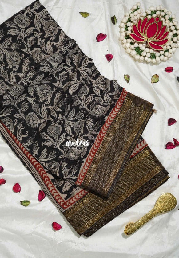Jet Black - Handmade Kalamkari Silk Saree with Nizam Zari Border Floral Prints - Best for Small Function | Office Wear