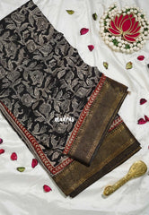 Jet Black - Handmade Kalamkari Silk Saree with Nizam Zari Border Floral Prints - Best for Small Function | Office Wear