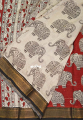 Dark Brick Red - Handmade Kalamkari Silk Saree with Holy Elephant with Nizam Zari Border - Best for Small Function | Office Wear