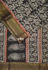 Jet Black - Handmade Kalamkari Silk Saree with Nizam Zari Border Floral Prints - Best for Small Function | Office Wear