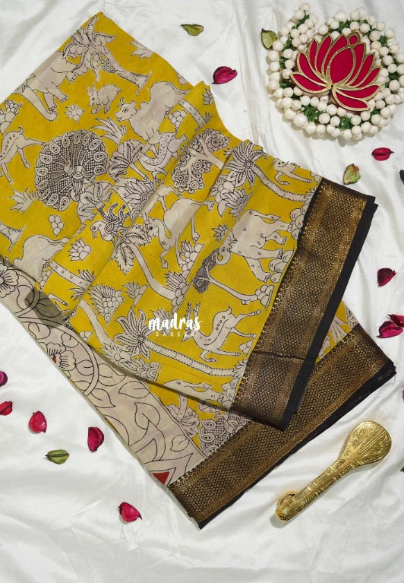 Greenish Yellow - Handmade Kalamkari Silk Saree Forest Depiction with Nizam Zari Border - Best for Small Function | Office Wear