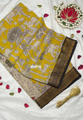 Greenish Yellow - Handmade Kalamkari Silk Saree Forest Depiction with Nizam Zari Border - Best for Small Function | Office Wear