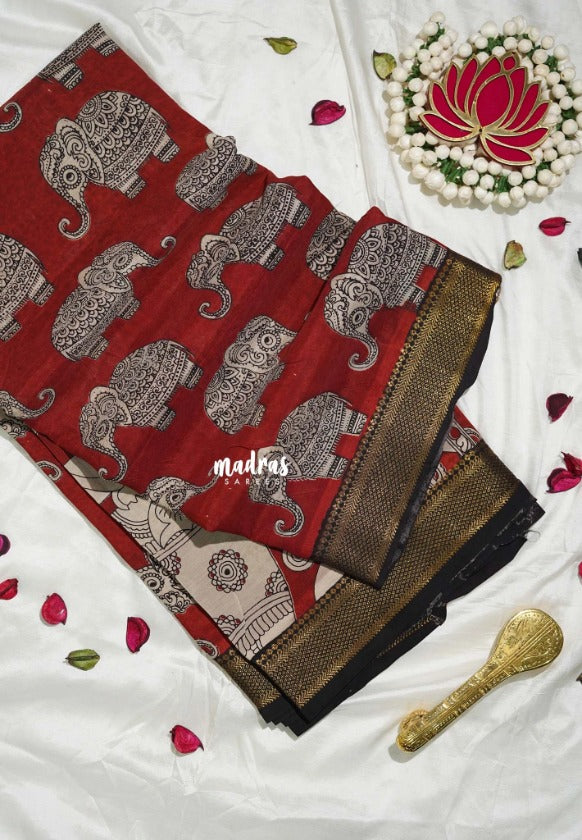 Dark Brick Red - Handmade Kalamkari Silk Saree with Holy Elephant with Nizam Zari Border - Best for Small Function | Office Wear