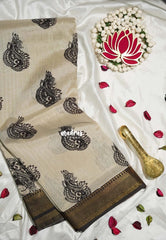 Ivory Beige with Black - Handmade Kalamkari Silk Saree with Nizam Zari Border Floral Prints - Best for Small Function | Office Wear