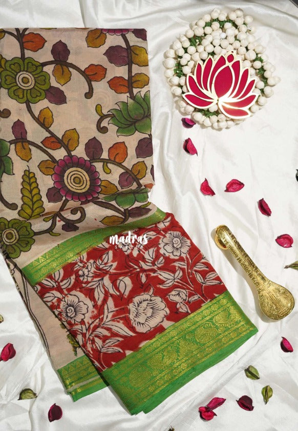 Sandal Beige - Handmade Kalamkari Silk Saree Dual Style Zari Border - Best for Small Function | Office Wear