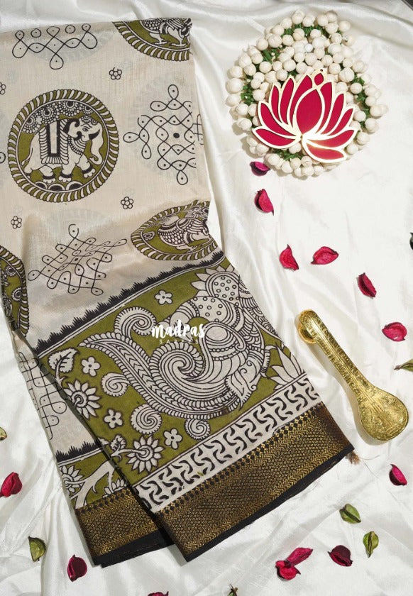 Ivory Beige with Olive Green - Handmade Kalamkari Silk Saree Kolam and Yaanai with Nizam Zari Border - Best for Small Function | Office Wear