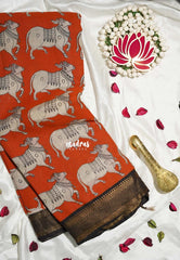 Brick Orange - Handmade Kalamkari Silk Saree with Pichwai cow Nizam Zari Border - Best for Small Function | Office Wear