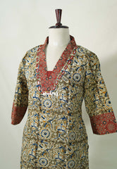 Olive Green with Leaf Print - Aavani - Kalamkari Pure Cotton Readymade Kurti Set with Real Ajrakh Mirror Work - Perfect for Office Wear | Casual Days | Everyday wear