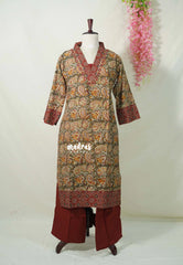 Olive Green with Mango Prints - Aavani - Kalamkari Pure Cotton Readymade Kurti Set with Real Ajrakh Mirror Work - Perfect for Office Wear | Casual Days | Everyday wear