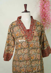 Olive Green with Mango Prints - Aavani - Kalamkari Pure Cotton Readymade Kurti Set with Real Ajrakh Mirror Work - Perfect for Office Wear | Casual Days | Everyday wear