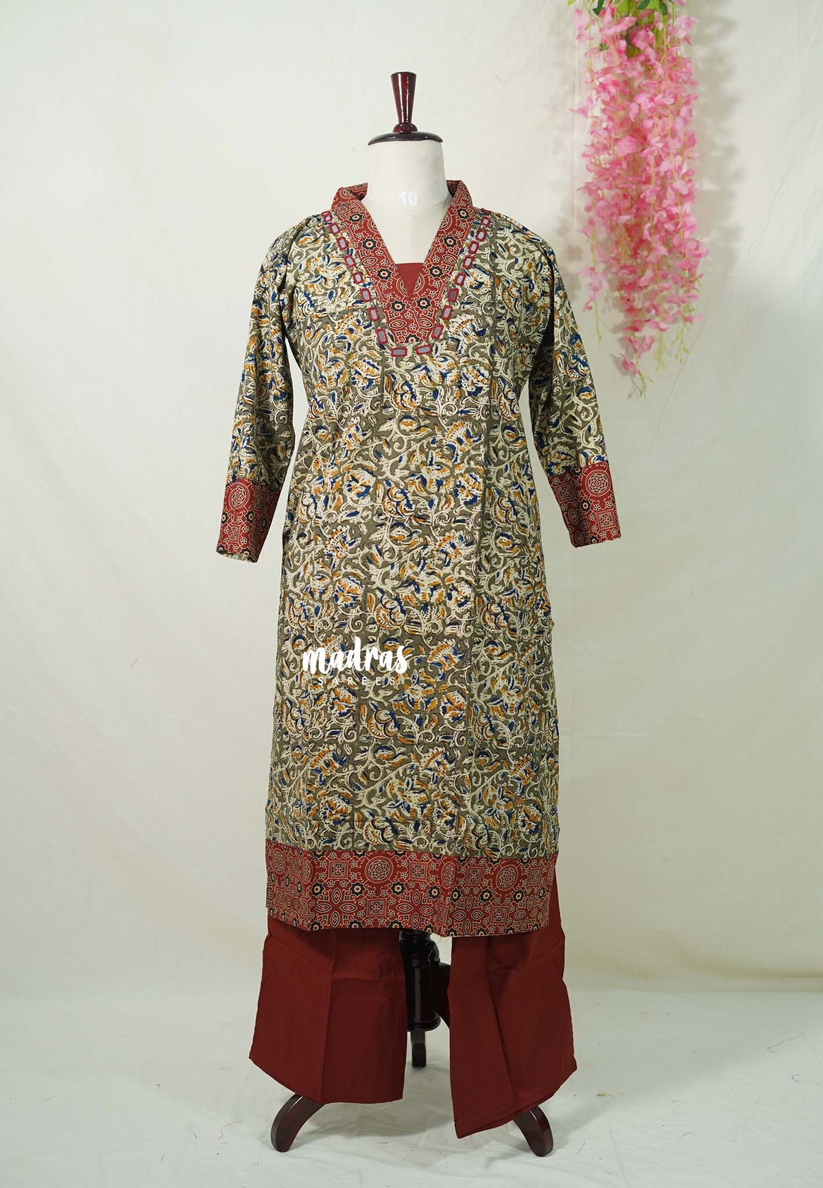 Olive Green with Multicolor - Aavani - Kalamkari Pure Cotton Readymade Kurti Set with Real Ajrakh Mirror Work - Perfect for Office Wear | Casual Days | Everyday wear