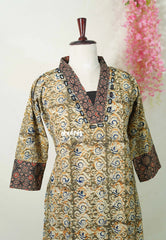 Olive Green with Multicolor - Aavani - Kalamkari Pure Cotton Readymade Kurti Set with Real Ajrakh Mirror Work - Perfect for Office Wear | Casual Days | Everyday wear