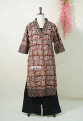 Maroon with Mango Prints - Aavani - Kalamkari Pure Cotton Readymade Kurti Set with Real Ajrakh Mirror Work - Perfect for Office Wear | Casual Days | Everyday wear