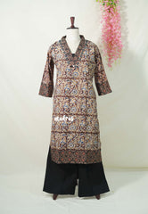 Maroon with Leaf Prints - Aavani - Kalamkari Pure Cotton Readymade Kurti Set with Real Ajrakh Mirror Work - Perfect for Office Wear | Casual Days | Everyday wear