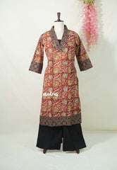 Dark Red with Flower Print - Aavani - Kalamkari Pure Cotton Readymade Kurti Set with Real Ajrakh Mirror Work - Perfect for Office Wear | Casual Days | Everyday wear