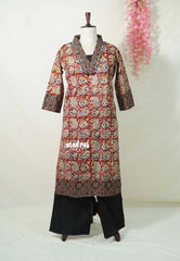 Dark Red with Mango Prints - Aavani - Kalamkari Pure Cotton Readymade Kurti Set with Real Ajrakh Mirror Work - Perfect for Office Wear | Casual Days | Everyday wear