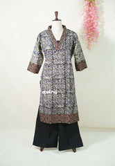 Midnight Black with Multicolor - Aavani - Kalamkari Pure Cotton Readymade Kurti Set with Real Ajrakh Mirror Work - Perfect for Office Wear | Casual Days | Everyday wear