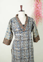Midnight Black with Multicolor - Aavani - Kalamkari Pure Cotton Readymade Kurti Set with Real Ajrakh Mirror Work - Perfect for Office Wear | Casual Days | Everyday wear