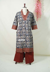Nightfall Black with Floral Prints - Aavani - Kalamkari Pure Cotton Readymade Kurti Set with Real Ajrakh Mirror Work - Perfect for Office Wear | Casual Days | Everyday wear