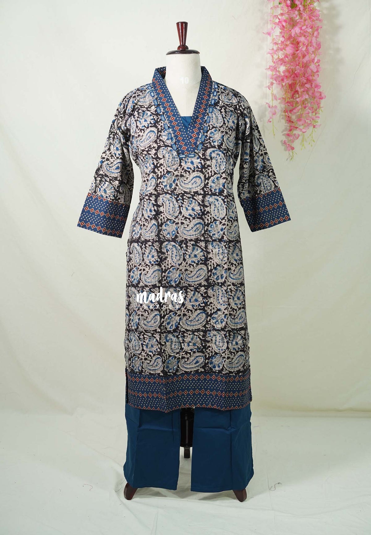 Ebony Black with Mango Prints - Aavani - Kalamkari Pure Cotton Readymade Kurti Set with Real Ajrakh Mirror Work - Perfect for Office Wear | Casual Days | Everyday wear