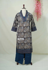 Ebony Black with Floral Prints - Aavani - Kalamkari Pure Cotton Readymade Kurti Set with Real Ajrakh Mirror Work - Perfect for Office Wear | Casual Days | Everyday wear