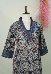 Ebony Black with Floral Prints - Aavani - Kalamkari Pure Cotton Readymade Kurti Set with Real Ajrakh Mirror Work - Perfect for Office Wear | Casual Days | Everyday wear