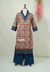 Dark Red with Multicolor - Aavani - Kalamkari Pure Cotton Readymade Kurti Set with Real Ajrakh Mirror Work - Perfect for Office Wear | Casual Days | Everyday wear