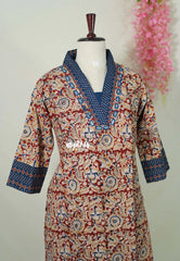 Dark Red with Multicolor - Aavani - Kalamkari Pure Cotton Readymade Kurti Set with Real Ajrakh Mirror Work - Perfect for Office Wear | Casual Days | Everyday wear