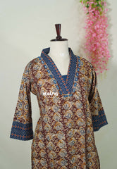 Maroon with Multicolor - Aavani - Kalamkari Pure Cotton Readymade Kurti Set with Real Ajrakh Mirror Work - Perfect for Office Wear | Casual Days | Everyday wear