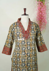Olive Green with Flower Print - Aavani - Kalamkari Pure Cotton Readymade Kurti Set with Real Ajrakh Mirror Work - Perfect for Office Wear | Casual Days | Everyday wear