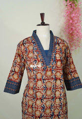 Dark Red with Flower Print - Aavani - Kalamkari Pure Cotton Readymade Kurti Set with Real Ajrakh Mirror Work - Perfect for Office Wear | Casual Days | Everyday wear