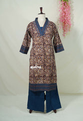 Maroon with Multicolor - Aavani - Kalamkari Pure Cotton Readymade Kurti Set with Real Ajrakh Mirror Work - Perfect for Office Wear | Casual Days | Everyday wear