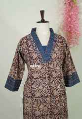 Maroon with Multicolor - Aavani - Kalamkari Pure Cotton Readymade Kurti Set with Real Ajrakh Mirror Work - Perfect for Office Wear | Casual Days | Everyday wear