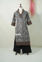 Jet Black with Multicolor - Aavani - Kalamkari Pure Cotton Readymade Kurti Set with Real Ajrakh Mirror Work - Perfect for Office Wear | Casual Days | Everyday wear