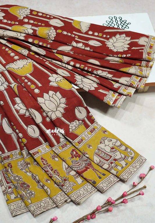Majestic Maroon - Traditional Kalamkari Cotton Saree with Royal Motif Border