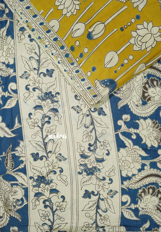 Magic Mustard - Traditional Kalamkari Cotton Saree with Royal Motif Border