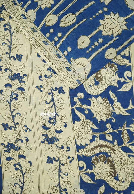 Cobalt Blue - Traditional Kalamkari Cotton Saree with Royal Motif Border