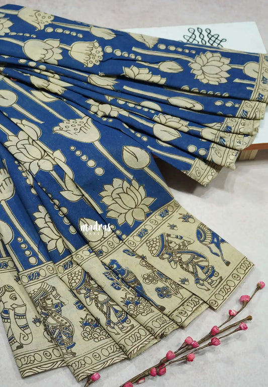 Cobalt Blue - Traditional Kalamkari Cotton Saree with Royal Motif Border