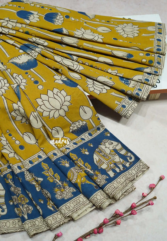 Magic Mustard - Traditional Kalamkari Cotton Saree with Royal Motif Border