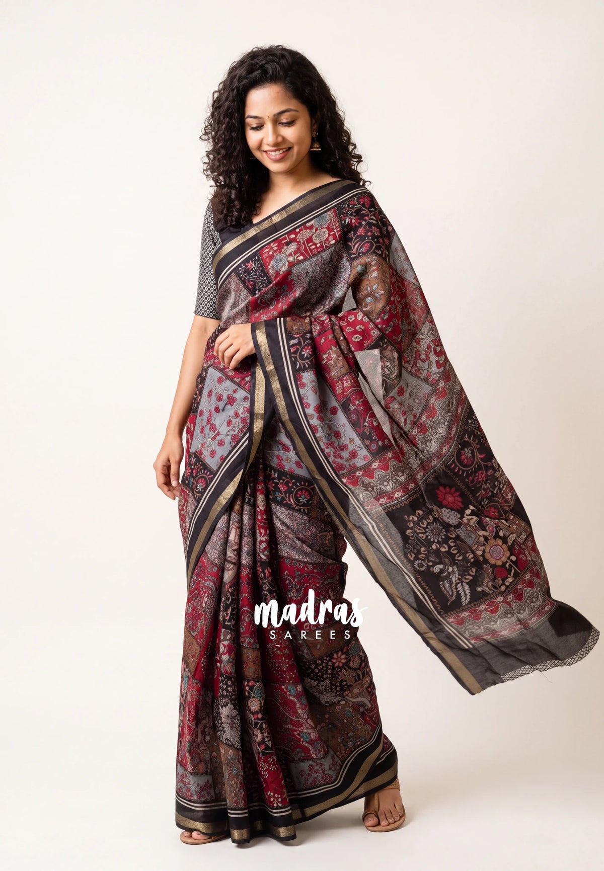 Black with Multicolor - Kalanjali chanderi Silk with Kalamkari Prints with Tiny Border - Best for Casual Wear