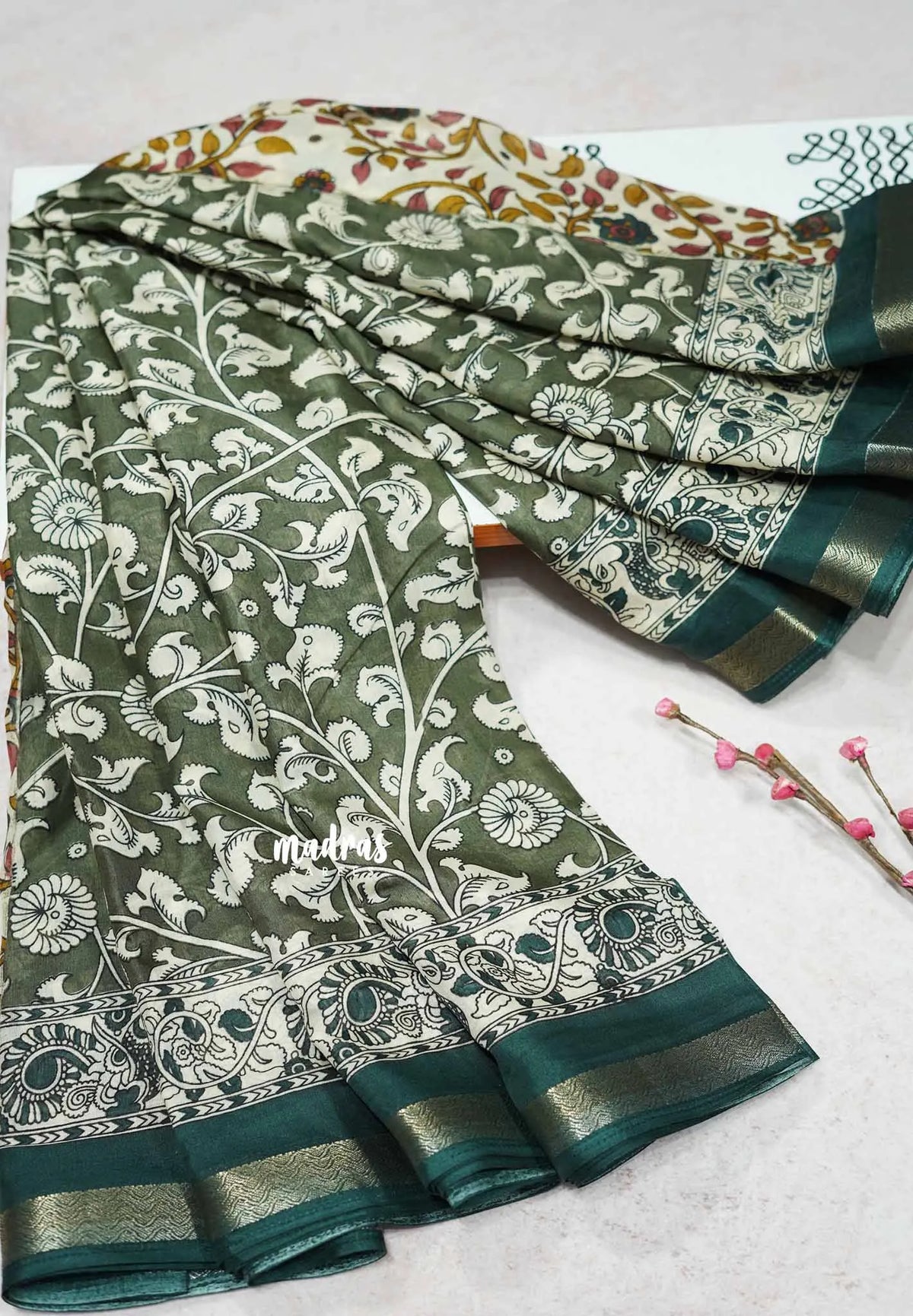 Sap green - Kalanjali chanderi Printed silk with kalamkari floral prints