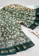 Sap green - Kalanjali chanderi Printed silk with kalamkari floral prints