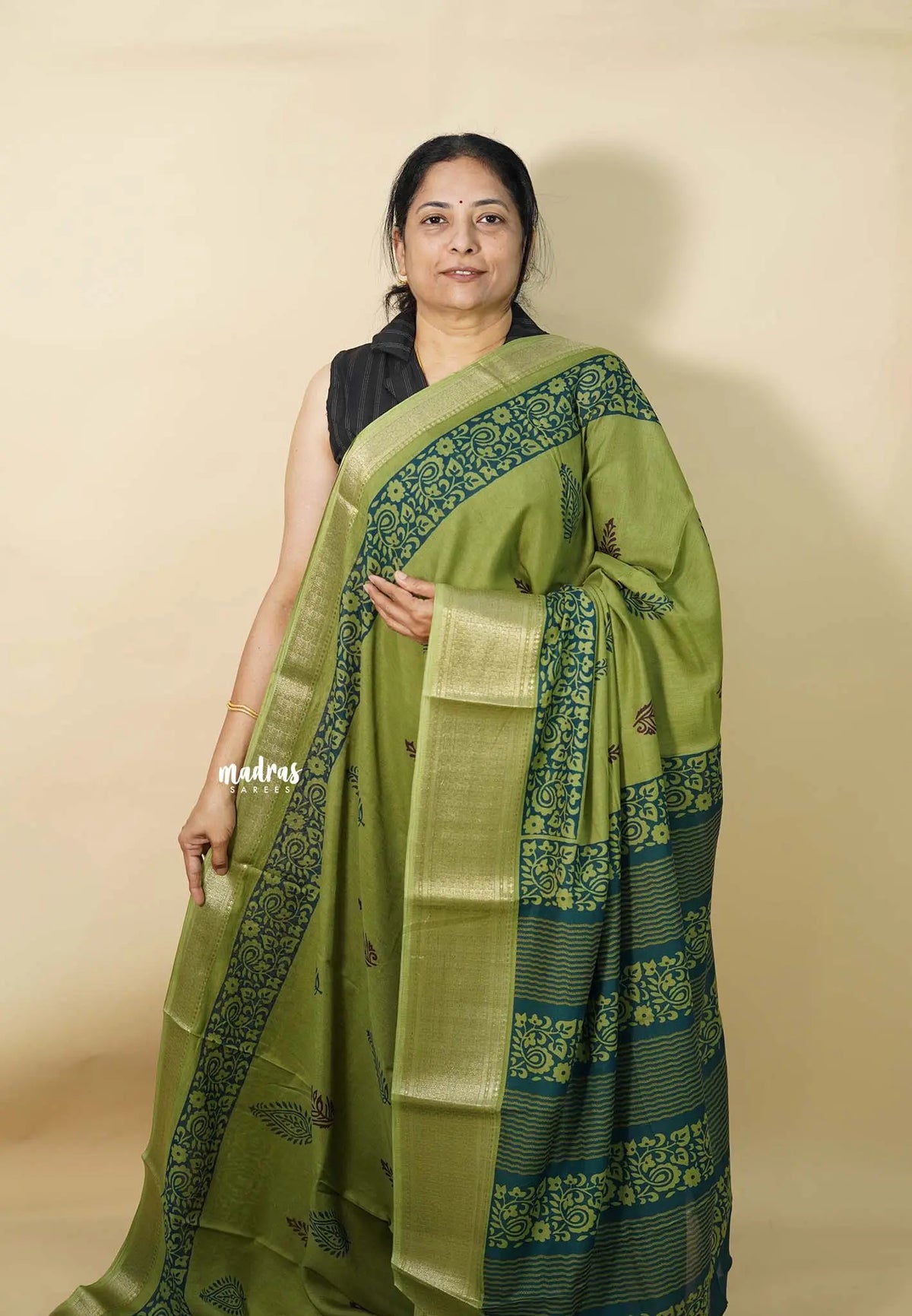 Leaf Green - Kalanjali chanderi Printed silk with Zari Border